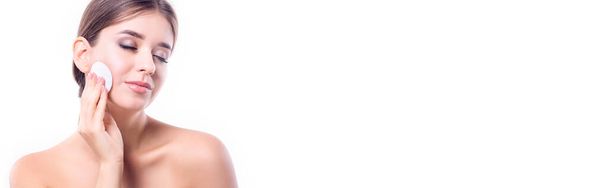 Beauty, skin care concept, makeup remover. Portrait of a beautiful girl with fat skin.Copy space. Banner - Photo, image