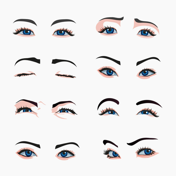 Various types of woman eyes. Collection of illustrations with captions. Makeup type infographic. Different - close, protruding, hooded, almond, upturned on white background. - Вектор, зображення