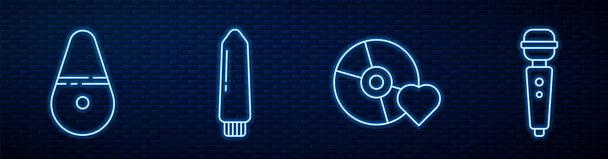 Set line Adult label on compact disc, Dildo vibrator, Dildo vibrator and Dildo vibrator. Glowing neon icon on brick wall. Vector. - Vektori, kuva