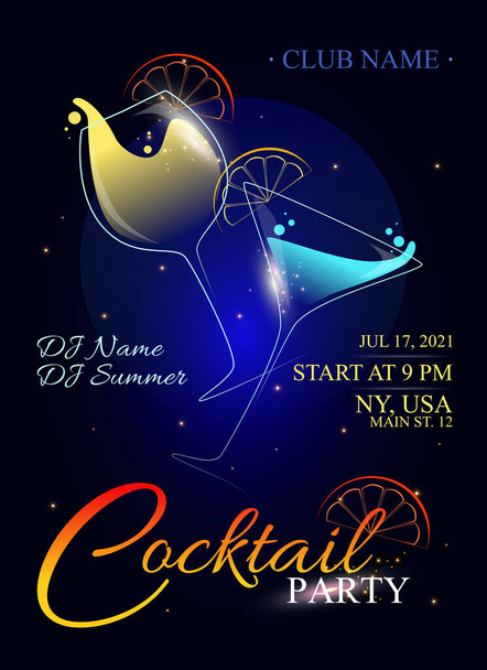 Einladung zur Cocktailparty. Flyer oder Poster mit Cocktailglas auf dunkelblauem Hintergrund. Vektorillustration - Vektor, Bild