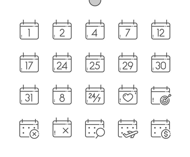 Calendario con números. Hoy, día de pago, datos de búsqueda, horario. Calendario con marcas cruzadas y corazón. Pixel Perfect Vector Thin Line Iconos. Pictograma mínimo simple - Vector, imagen