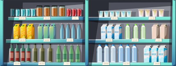 seamless cartoon style supermarket shelves with products, food, drinks. - Vector, Image