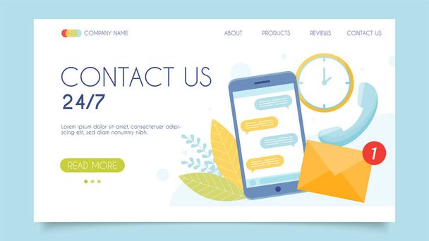 Contact us 24-7 today. Customer support call center. Landing page concept. Flat design, vector illustration.  - Vector, Image