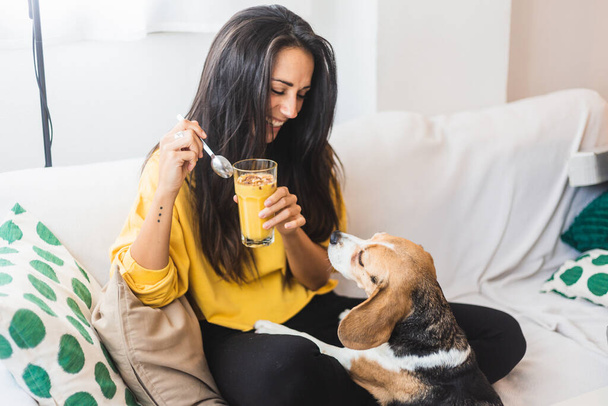 красивая молодая женщина пьет смузи со своей собакой - Фото, изображение