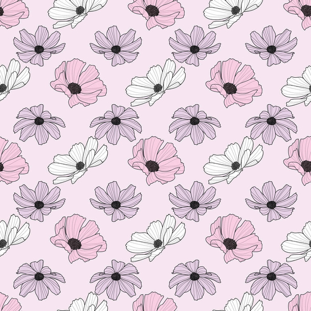 Garden cosmos flower repeat pattern, vector floral background, spring pattern, cute pastel flower design. - Vector, imagen