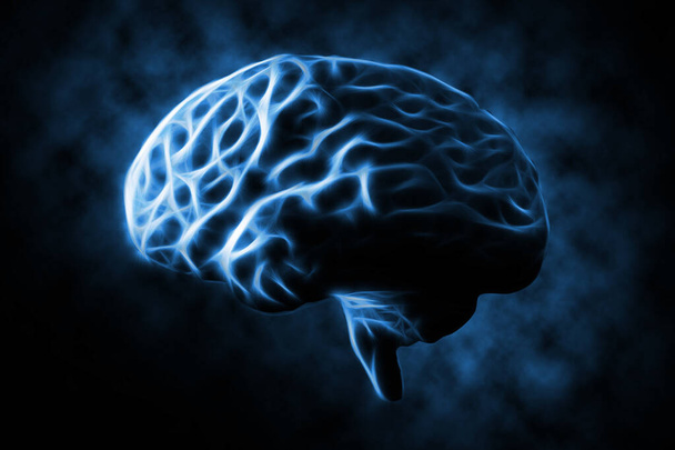 Neuraal netwerk, kunstmatige intelligentie en digitale AI concept thema met illustratie van een menselijk hersenvormig netwerk van heldere blauwe vezels geïsoleerd op zwarte achtergrond - Foto, afbeelding