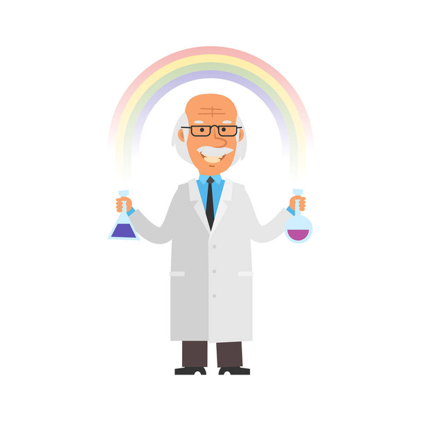 Il vecchio professore tiene provette e sorride sullo sfondo dell'arcobaleno. Personaggi vettoriali. Illustrazione vettoriale - Vettoriali, immagini