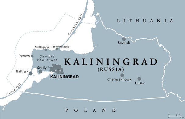 Περιφέρεια Καλίνινγκραντ, γκρι πολιτικός χάρτης. Περιφέρεια Καλίνινγκραντ, ομοσπονδιακό υποκείμενο και ημι-θύλακας της Ρωσίας, που βρίσκεται στις ακτές της Βαλτικής Θάλασσας, με διοικητικό κέντρο το Καλίνινγκραντ. Εικονογράφηση. Διάνυσμα - Διάνυσμα, εικόνα