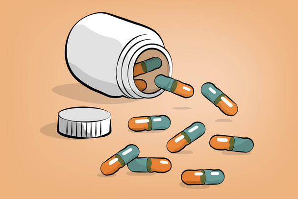 Eine Handvoll Medikamente in Kapseln, verpackt in einem Glas, weiße Flasche, verstreut auf dem Tisch. llustration, cartoon style - Foto, Bild