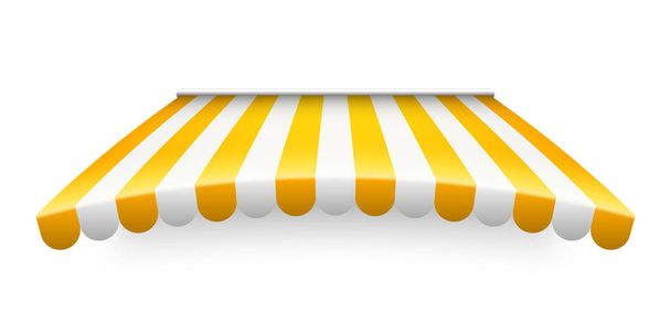 Yellow shop sunshade isolated on white background. Realistic striped cafe awning. Outdoor market tent. Roof canopy. Summer street store. Vector illustration. - Vector, Image