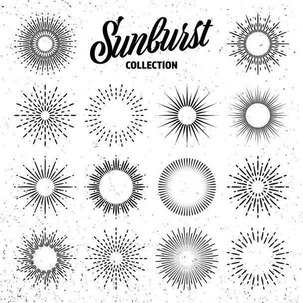 Vintage grunge sunburst collection. Bursting sun rays. Fireworks. Logotype or lettering design element. Radial sunset beams. Vector illustration. - Vector, Image