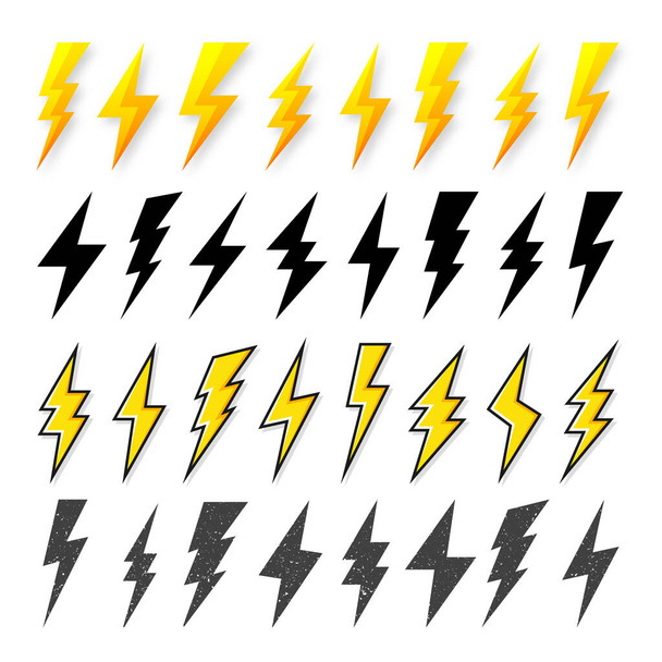 Schwarz-gelbe Blitz-Symbole isoliert auf weißem Hintergrund. Vintage Flash Symbol, Blitz mit Grunge-Textur. Einfaches Blitzeinschlag-Zeichen. Vektorillustration. - Vektor, Bild