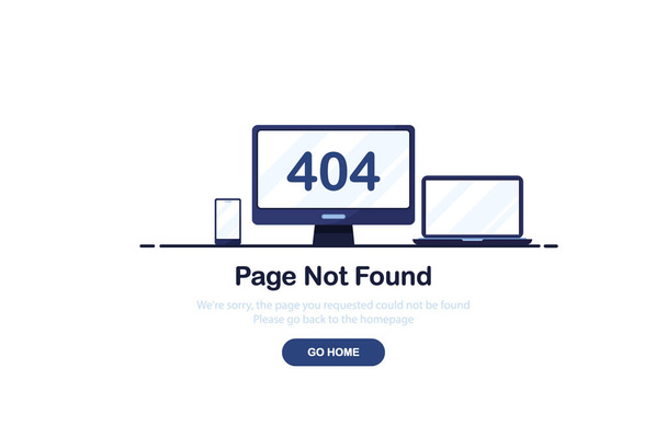 Illustration vectorielle 404 page d'erreur non trouvée bannière. Ordinateur, ordinateur portable et téléphone avec texte 404. Erreur système, page cassée. Pour le site. Modèle Web. Bleu - Vecteur, image