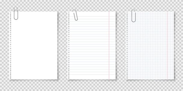 Realistische blanco vellen in A4-formaat met metalen clip, houder op transparante achtergrond. Notebookpagina, document. Ontwerp sjabloon of model. Vectorillustratie. - Vector, afbeelding
