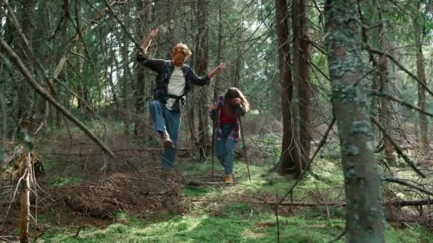 おとぎ話の森で男と女のハイキング。緑の森を歩く笑顔のハイカー - 映像、動画