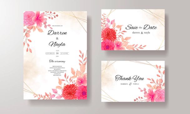 Όμορφη πρόσκληση γάμου με μπορντό λουλούδια και φύλλα - Διάνυσμα, εικόνα