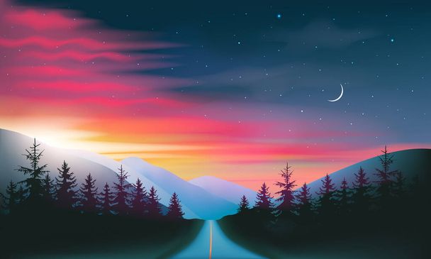 Νυχτερινός δρόμος μέσα από το δάσος και τα βουνά κόκκινο και μπλε νυχτερινό ουρανό και το τοπίο ηλιοβασίλεμα, διανυσματική απεικόνιση. - Διάνυσμα, εικόνα
