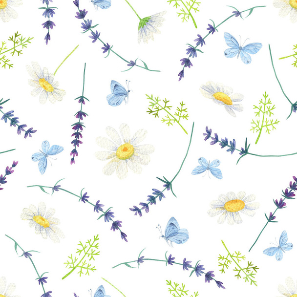 White daisy seamless pattern. Watercolor Butterfly lavender background - Фото, зображення