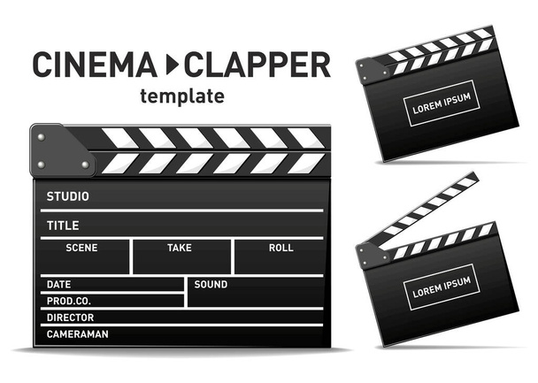 ムービーフィルムクラップボードテンプレート。映画のクラッパーを開いて閉じます。透明な背景のベクトル  - ベクター画像