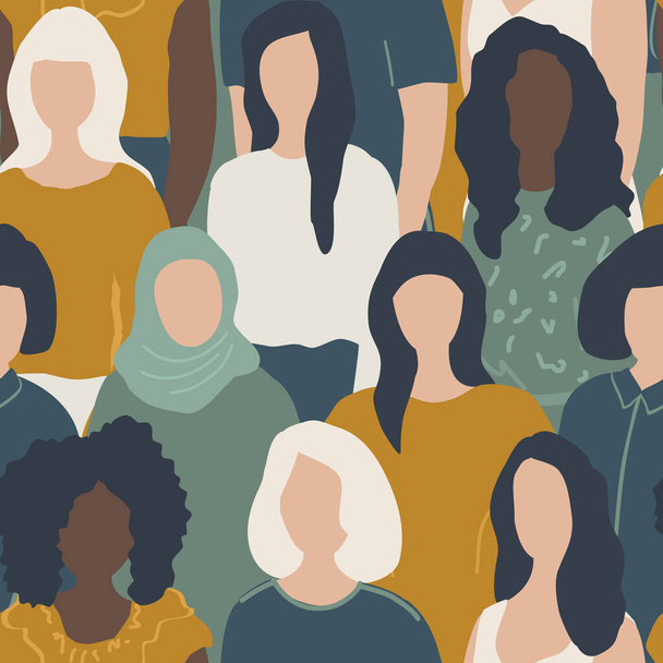 Seamless background with women. There are silhouettes of women of different races. Pattern with people icons. Vector illustration - Vector, Image