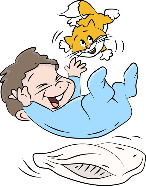 Дитячий хлопчик грає зі своїм другом кота мультфільм Векторні ілюстрації
 - Вектор, зображення