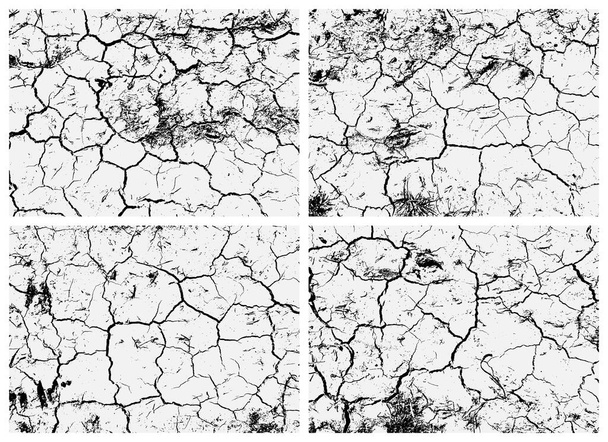 Eine Reihe von rissigen Erdstrukturen. Schwarz-weiße Textur. Risse an der Oberfläche trockener Böden. Struktur des rissigen Bodens. - Vektor, Bild