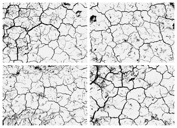 Eine Reihe von rissigen Erdstrukturen. Schwarz-weiße Textur. Risse an der Oberfläche trockener Böden. Struktur des rissigen Bodens. - Vektor, Bild