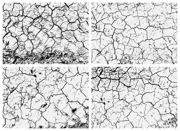 Conjunto de texturas de tierra agrietadas. Textura en blanco y negro. Grietas en la superficie del suelo seco. Estructura del suelo agrietado. - Vector, Imagen