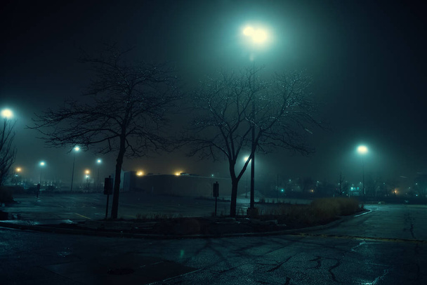 Een griezelige en mistige stadsavond bij een grote lege stedelijke winkelcentrum parkeerplaats - Foto, afbeelding