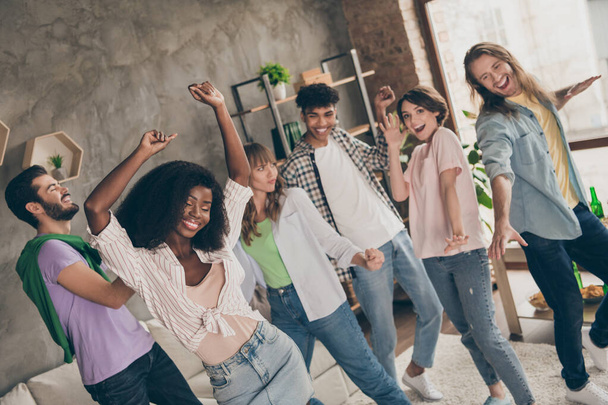 Photo portrait of students dancing together at party celebrating birthday smiling - Photo, Image