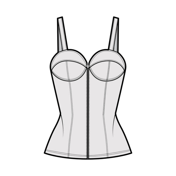 Denim corset top bustier technische mode illustratie met Baskische, dunne riemen, ritssluiting, cups, gemonteerd lichaam. - Vector, afbeelding