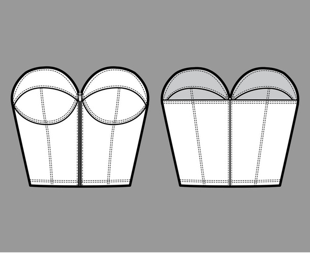 Denim bustier top technické módní ilustrace se zapínáním na zip-up, poháry bez ramínek, štíhlý fit, délka pasu. Flat - Vektor, obrázek