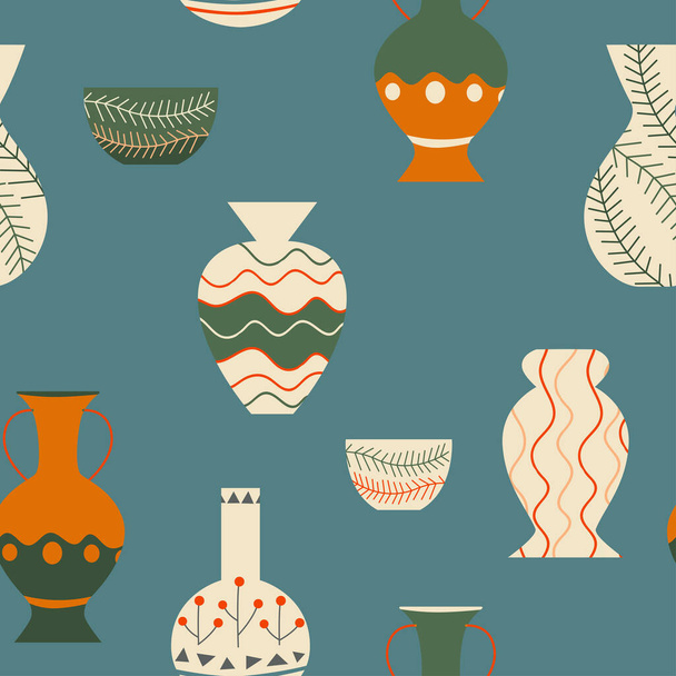 Ceramic and pottery. Seamless pattern. Trendy design for wallpaper, textile design, patterns, packing, fabric. Vintage classical design, clay decor - Vector, afbeelding