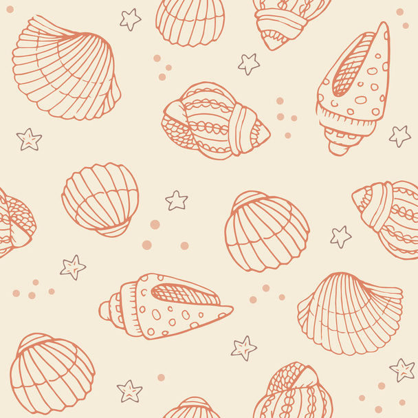 Vector seamless pattern with hand drawn scallop seashells, sea elements and stars. Beautiful marine design, perfect for prints and patterns, textile, fabric, children background - Vector, Imagen