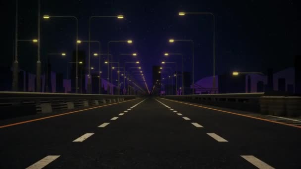 Ajo-POV tyhjällä 3D renderöidyllä tyylitellyllä tiellä yöllä kaupunkimaiseman taustasilmukalla - Materiaali, video