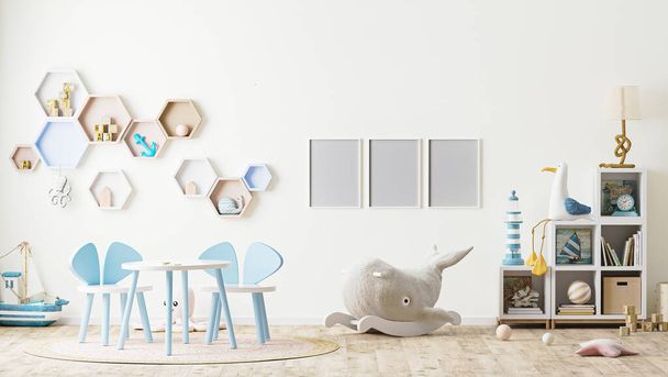 плакат рамка макет в интерьере детской игровой комнаты с игрушками, детская мебель, стол со стульями, полки, скандинавский стиль, 3D рендеринг - Фото, изображение