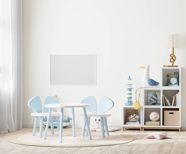 marco horizontal en blanco en la habitación brillante de los niños con la tabla y los estantes de los niños cerca de la ventana, muebles de los niños, representación 3d - Foto, Imagen