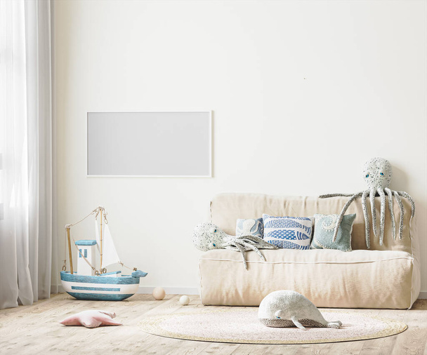 cornice orizzontale modello in camera dei bambini interno con letto e giocattoli morbidi, rendering 3d - Foto, immagini
