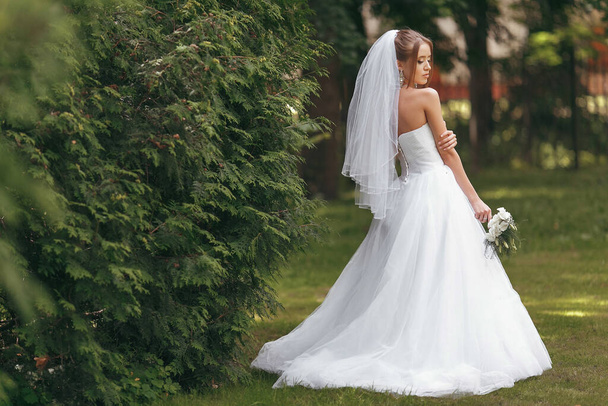 Mooie bruid in een prachtige trouwjurk poseren tussen groen op straat. meisje poseert in een trouwjurk voor reclame. Bruid concept voor reclame jurken. - Foto, afbeelding