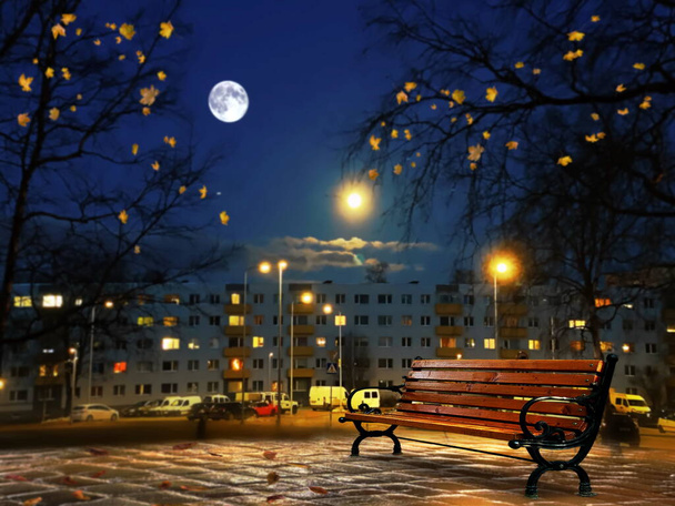 Temporada de otoño en el parque de la ciudad luna en la noche cielo azul hojas amarillas casas de otoño y ventanas reflejo de luz en el banco de madera frontal bajo pronóstico del tiempo del árbol - Foto, Imagen
