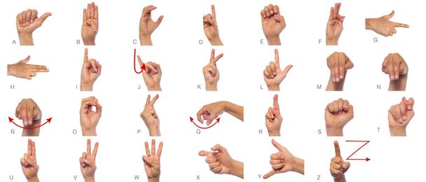 Γλώσσα κωφών μουγγών χεριών. Σύνολο εικόνων των χεριών και των δακτύλων με τη νοηματική γλώσσα που απομονώνονται σε λευκό φόντο. Εκφραστικότητα asl χειρονομίες αλφαβητική σειρά - Φωτογραφία, εικόνα