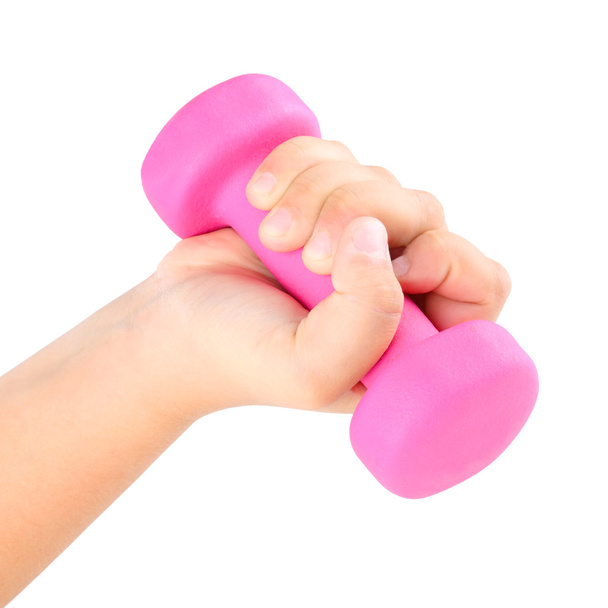 Pink Dumbbell in child hand - Фото, изображение