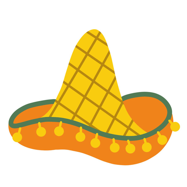 Εικονογράφηση διάνυσμα ενός μεξικάνικου καπέλου σομπρέρο. Απομονωμένο κάλυμμα κεφαλής σε λευκό φόντο. Κίτρινο παραδοσιακό καπέλο, απλό επίπεδο στυλ - Διάνυσμα, εικόνα
