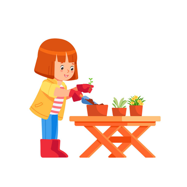 Schattig kind meisje, dochter bezig met tuinieren in de achtertuin. Plantenteelt leeractiviteit en natuuronderwijs voor kleuters. Voorjaarsconcept, natuur en zorg. Cartoon vector illustratie - Vector, afbeelding
