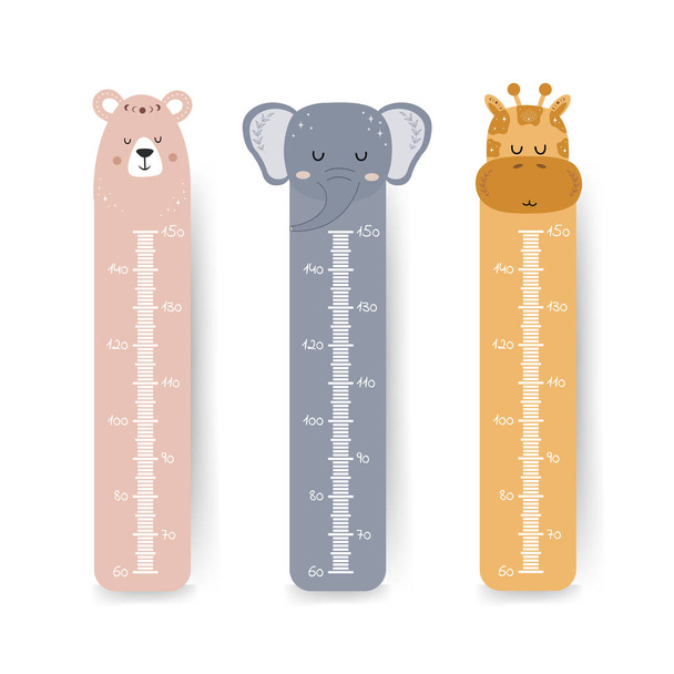 Kids height chart. Cute wall meter with boho animals. Vector template. Cartoon zoo. Design of children products in scandinavian style - Vector, Image