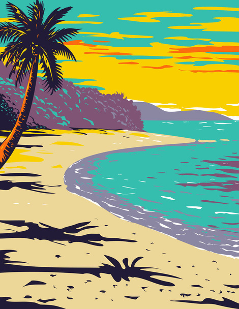 WPA Plakat Art of Trunk Bay plaży znajduje się w Parku Narodowym Wyspy Dziewicze na wyspie St John na Morzu Karaibskim wykonane w stylu zarządzania projektem prac lub federalnego stylu projektu artystycznego. - Wektor, obraz