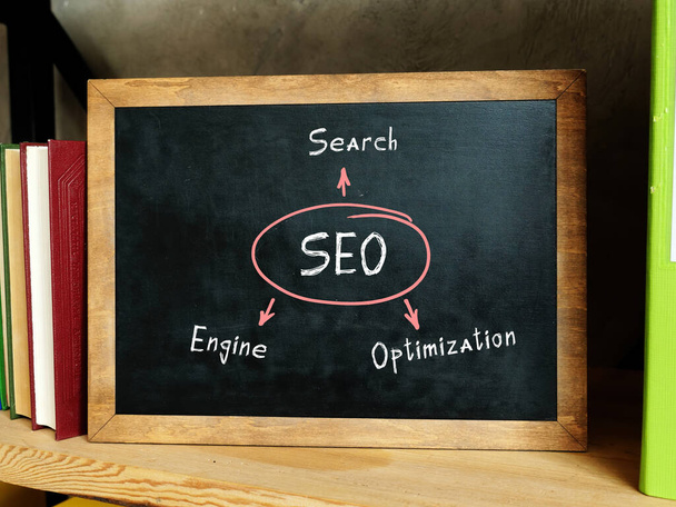 Письменная фраза SEO Search Engine Optimization. Натюрморт со стопкой красочных книг и черного кабана - Фото, изображение