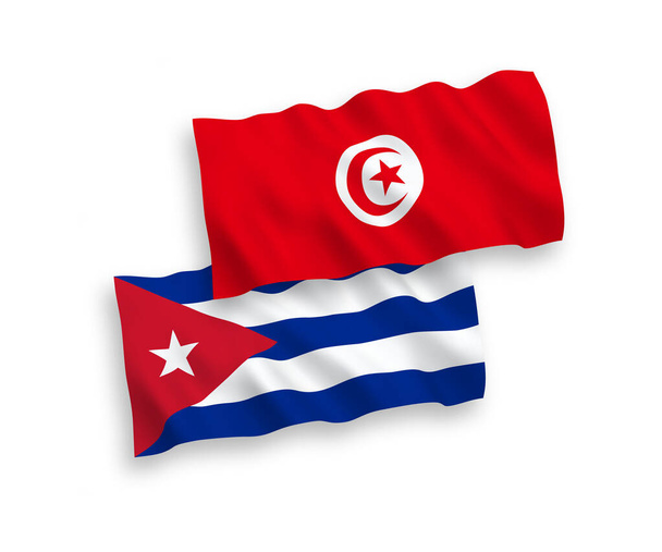 Narodowe flagi tkanin wektorowych Republiki Tunezji i Kuby izolowane na białym tle. Proporcja 1 do 2. - Wektor, obraz