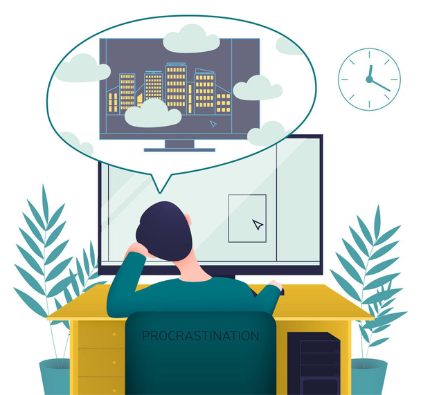 Procrastinating man sits behind the desk with his back opposite the computer and does not implement his idea. Vector illustration. - Vetor, Imagem