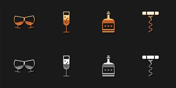 Set Glass of cognac or brandy, champagne, Alcohol drink Rum bottle and Wine corkscrew icon. Vector. - Vector, Image